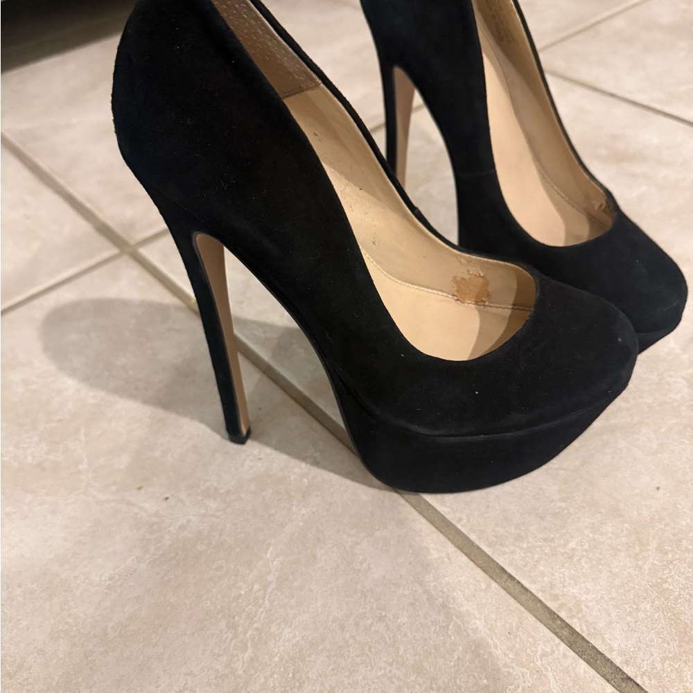 Classic Black Suede Platform Stiletto Pumps - Women's 6 inch heel.